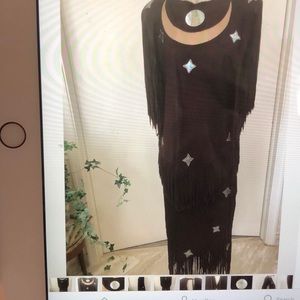 Brown Suede Fringe Native American Outfit Long Skirt & Tunic Leather Stars Moon